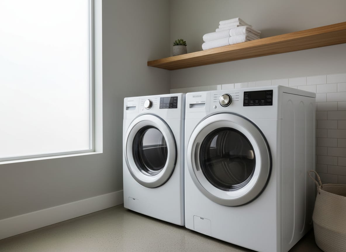 Clean washer and dryer setup in a bright laundry room